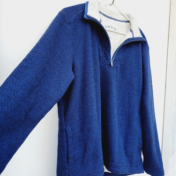 Orvis mens Quarter Zip Sherpa Lined Pullover Sweater Blue Size Medium - Picture 4 of 14